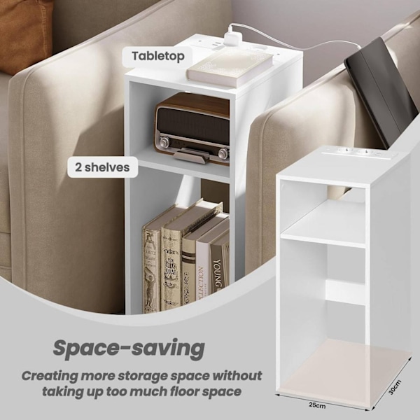 Rootz Sengebord med Power Strip - Lille natbord - Soveværelses natbord - E1 Konstrueret træ - 25 x 60 x 30 cm - Hvid - Sort - Lys eg