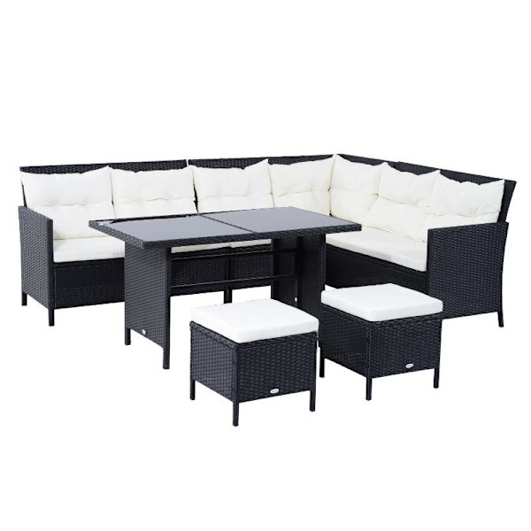 Rootz Soffset - Dubbelsoffa - Hörnsoffa - Trädgårdsmöbelset - 18 delar - Pallar - Svart/Vit - 110,5cm X 62cm X 82cm