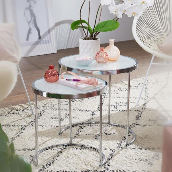 Rootz design sidebord rundt Ø 50-42 cm - 2 stk hvid sølv med glasplade - Stuebord sæt af 2 - Nesting bord mælkeglas - sofabord
