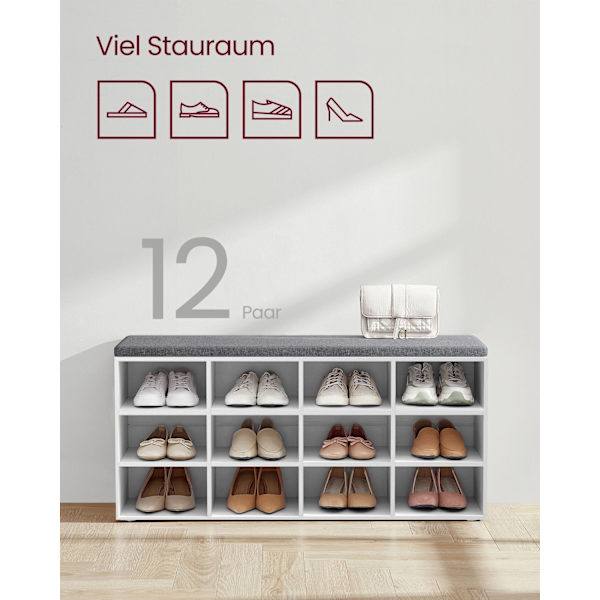 Rootz skobænk med opbevaring - Entryway Organizer - Klassisk hvid - Spånplade - Skum - Imiteret linnedbetræk - 30,3 cm x 78,5 cm x 48 cm - 136 kg Max