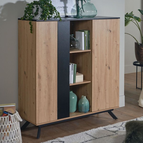 Rootz highboard 110x125x40 cm MDF-skänk i ekdekor - svart - byrå med 2 dörrar - Byrå med hylla - Hallskåp modernt - Fristående skänk med metallben
