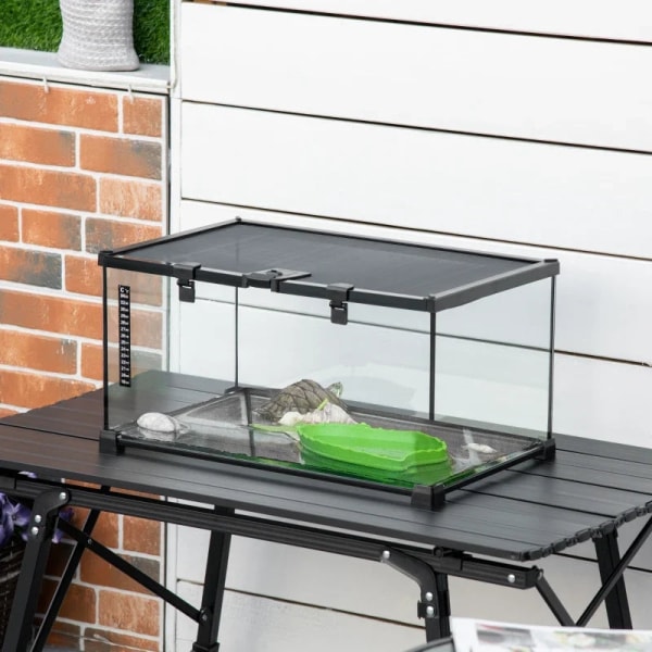 Rootz Reptile Box Terrarium - Inklusiv Strip Termometer - Foderklapper - Glas + Metal - Sort - 50 cm x 30 cm x 25 cm