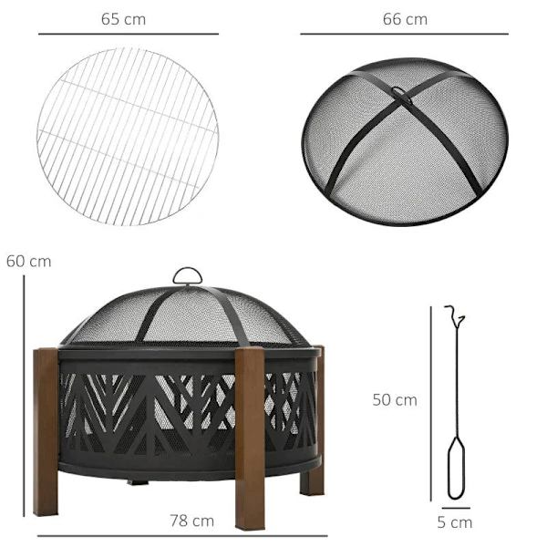 Rootz 2-i-1 Ildsted - Ildsted med gnistbeskyttelse - Ildsted med grillmad - Grillrist - Have - BBQ - Sort/Brun - Ф78 x 60H cm