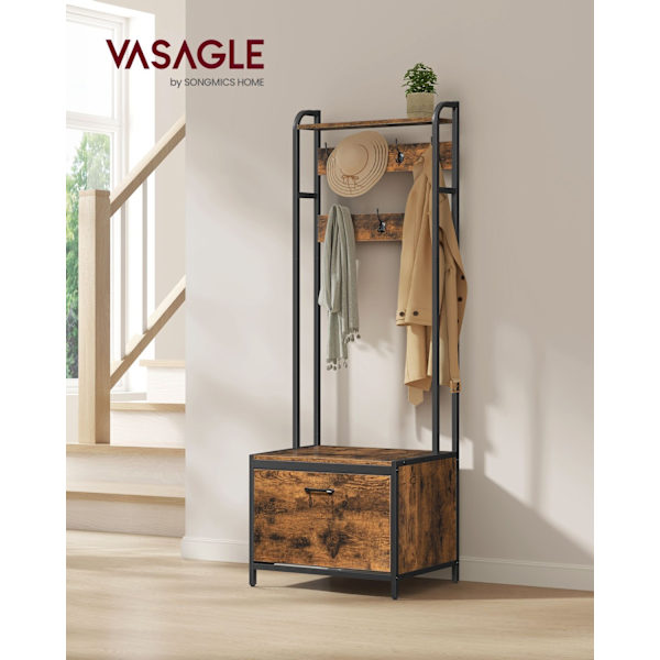 Rootz Vintage ruskea-musta naulakko - Hall Tree - Sisäänkäynnin järjestäjä - Lastulevy ja teräs - 40 cm x 65 cm x 170 cm - Raskas - Helppo koota - Tyy