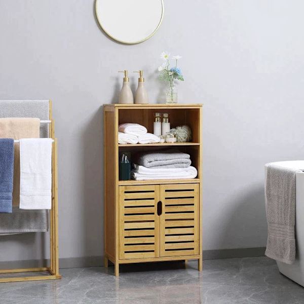 Rootz Badeværelsesskab - Badeværelseshylde - Bambus Badeværelsesskab - Med lameldøre - 2 hylder 1 skab - Bambus - Naturligt træ - 50cm x 29cm x 92cm