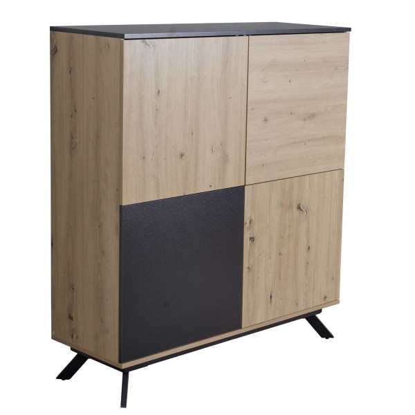 Rootz highboard 110x125x40 cm MDF skænk i egetræsindretning - sort - kommode med 4 låger - Kommode skab hall skab moderne - Fritstående skænk med meta