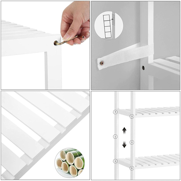 Rootz Badeværelsesskab - Opbevaringsskab - 5 niveauer - Bambus - Højdejusterbar - Hvid - 60 x 26 x 130 cm