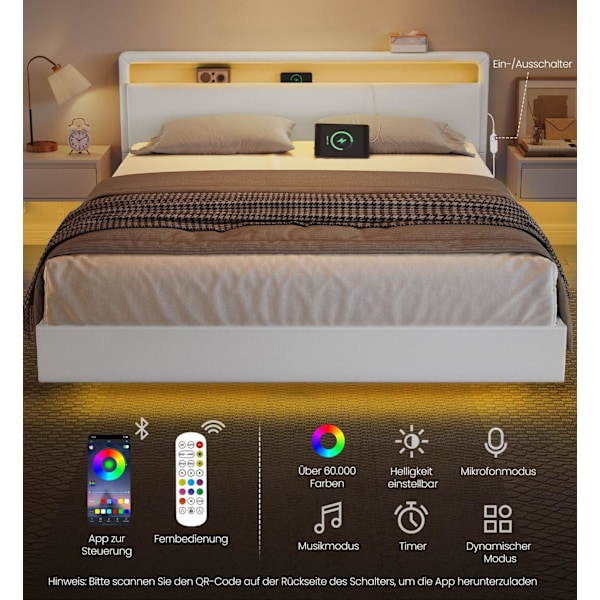 Rootz Bed Frame - Platform Bed - LED -valaistus - Latausasema - tukee 455 kg - 213 cm x 167cm x 90cm - pilvivalkoinen