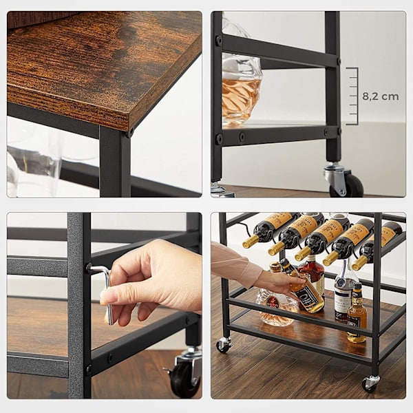 Rootz Köksvagn - Serveringsvagn - Barvagn - På hjul - Flaskställ - Glashållare - Brun - Svart - Bearbetat trä - Metall - 60 x 40 x 75 cm