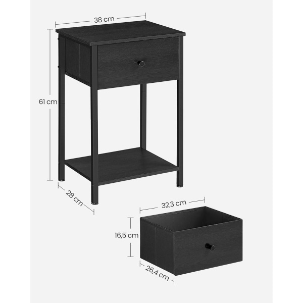 Rootz Sengebord - Natbord - Endebord - Spånplade stål ikke-vævet stof - 28cm x 38cm x 61cm - Sort - Letvægts - Robust konstruktion - Nem montering
