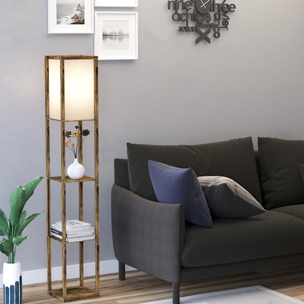 Rootz gulvlampe med hylder - trægulvlampe - stående lampe - stilfuld opbevaring - 26 x 26 x 160 cm