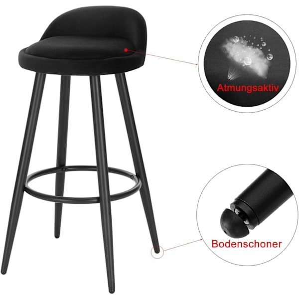 Rootz Velvet Barstol - Bordskammel - Køkkentaburet - Elegant sort fløjlsfinish - Stabil og robust konstruktion - Justerbare fodpuder - Sædestørrelse 3
