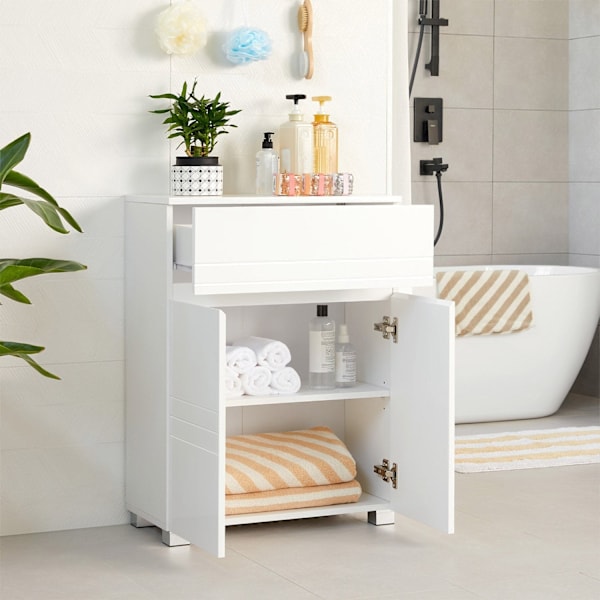 Rootz Badeværelsesskab - Hvid opbevaringsenhed - MDF-døre - Spånpladekrop - Justerbar hylde - Tippesikring - 60 cm x 30 cm x 80 cm