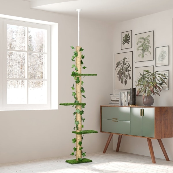 Rootz golv-till-tak kattträd - Höjdjusterbar skrapstolpe - Konstgjorda löv - Spånskiva - 37cm x 21cm x 202-242cm