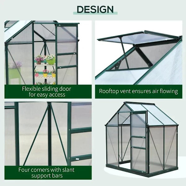 Rootz Drivhus - Walk-in Mini Drivhus - Med Ovenlys - Aluminiumslegering/PC Board - Mørkegrøn - 1,9x1,3x2 m
