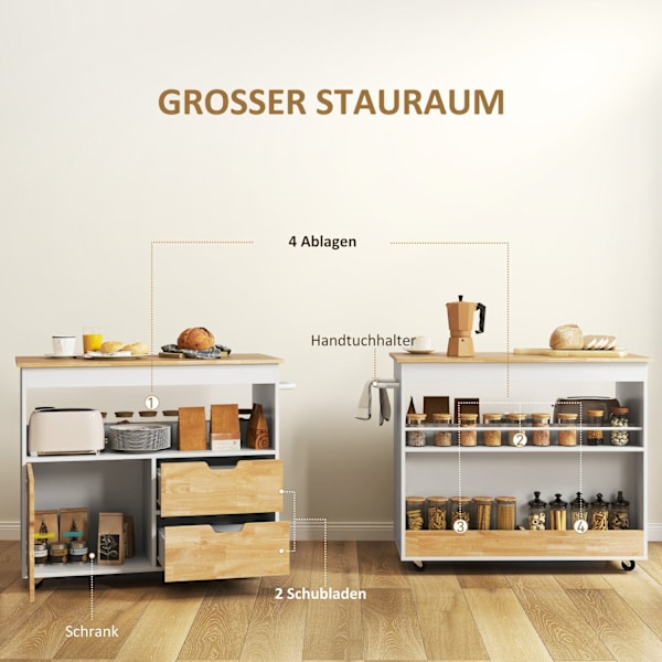 Rootz -rullattava keittiövaunu - Mobile Kitchen Island - Keittiön kärry - runsaasti säilytystilaa ja helppoa liikkuvuutta - 107cm x 50 cm x 85cm
