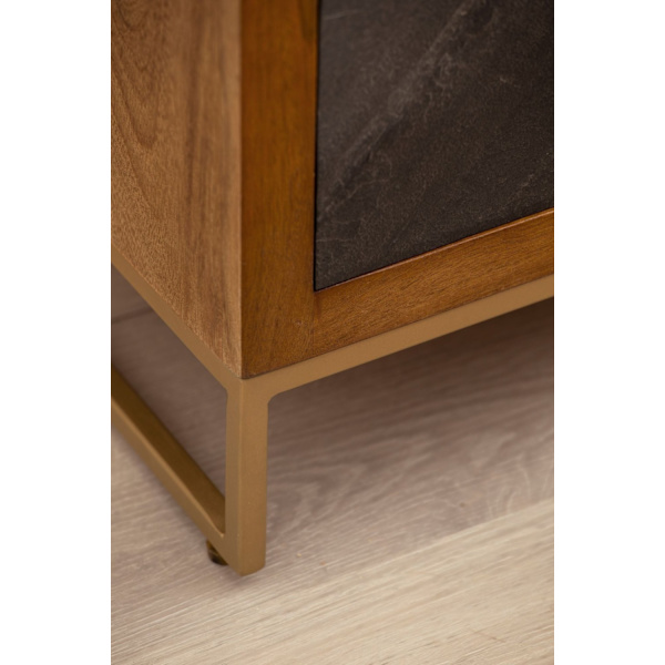 Rootz Modern Sengebord - Natbord - 3D Stone Look - Natural Wood Grain - Håndlavet - 40cm x 60cm x 30cm - Mango Wood - Antracit Skuffefronter - Guldacc