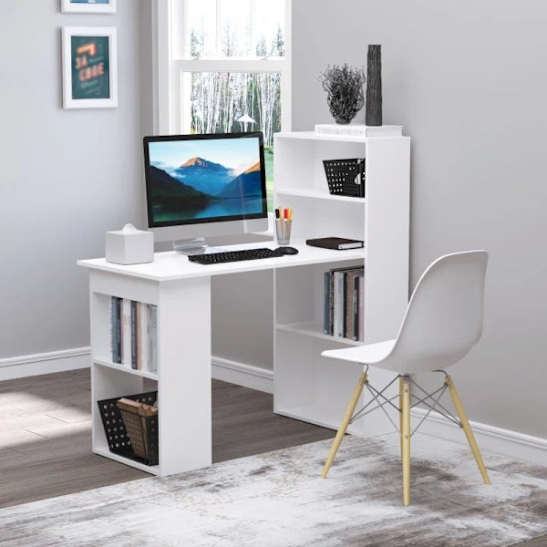 Rootz Desk Kontorbord - Computerbord - 2 hylder - Pladsbesparende design - 5 hylder - Spånplade - Hvid - 120 Cm X 55 Cm X 120 Cm