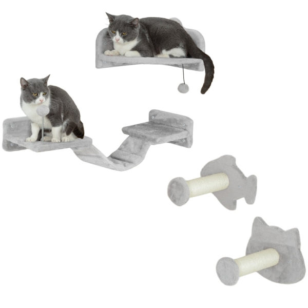 Rootz Cat klätterväggssats - Katttrappor - Dubbelplattform - Hörnplattform - Plyschklädd spånskiva - Platssparande - 90 cm x 26 cm x 12,5 cm