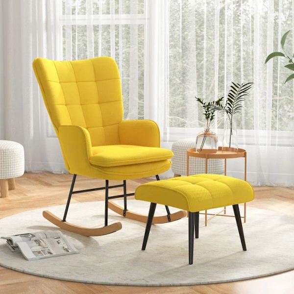 Rootz keinutuoli ottomaanilla - Scandi Design -keinutuoli Jalkarahalla - Pyökkipuu - Tikkaus - Pellavajäljitelmä - Keltainen - 64 cm x 89 cm x 90 cm