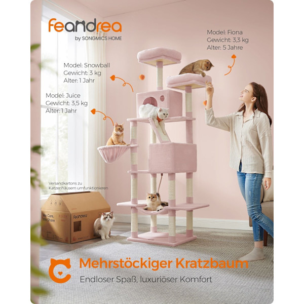 Rootz Cat Scratching Post Tower - Cat Tree - Activity Center - Spånskiva & plysch - 60cm x 50cm x 206cm - Förhindrar tippning - 23,5 kg