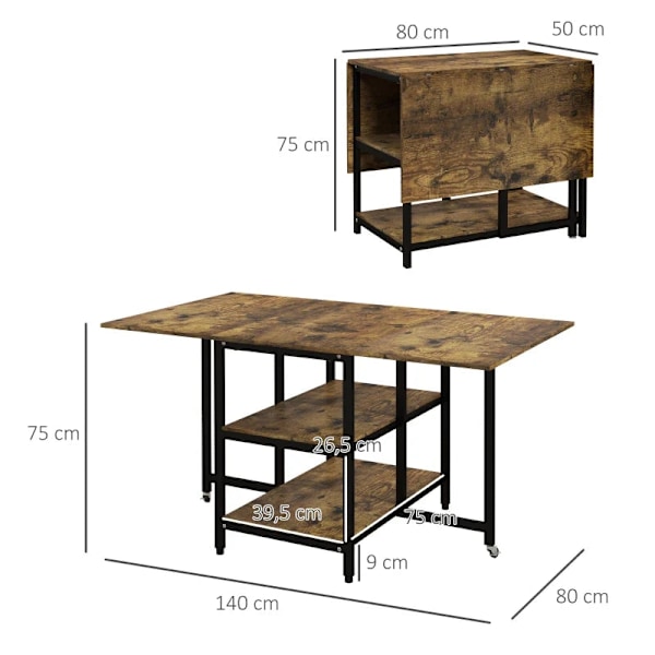 Rootz Spisebord - Sammenklappeligt Spisebord - Industrielt Design - Stål - Spånplade - Brun + Sort - 140 cm x 80 cm x 75 cm