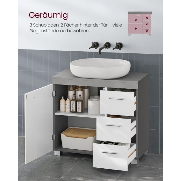 Rootz Hvid-Cement Grå Vask Underskab - Badeværelsesvask - Opbevaringsenhed - MDF-konstruktion - Rummeligt design - Nem montering - 30cm x 70cm x 64cm