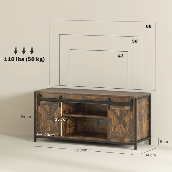 Rootz TV Lowboard - TV Stand - Media Console - 6 Rum - til 60 "TVS - 120 cm x 40 cm x 54 cm - Rustik industriel design