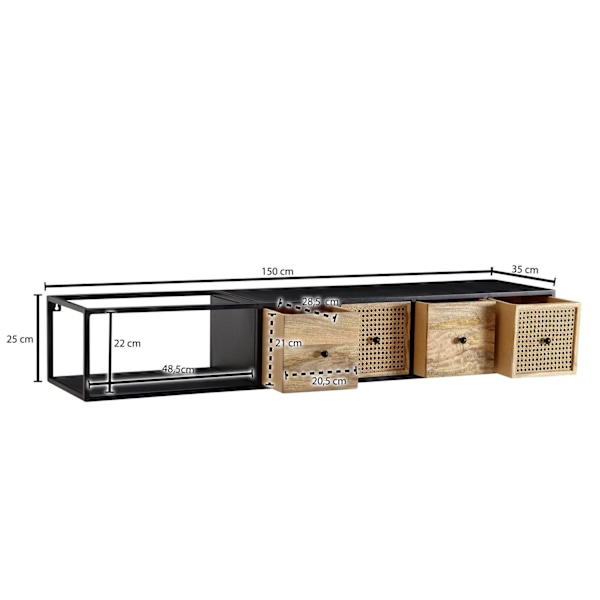 Rootz-alusta riippuva mango massiivipuu - metalli 150x25x35 cm TV-kaappi musta - Design-TV-taso moderni - TV-kaapin seinä - TV-kaappi TV-kaappi ripust