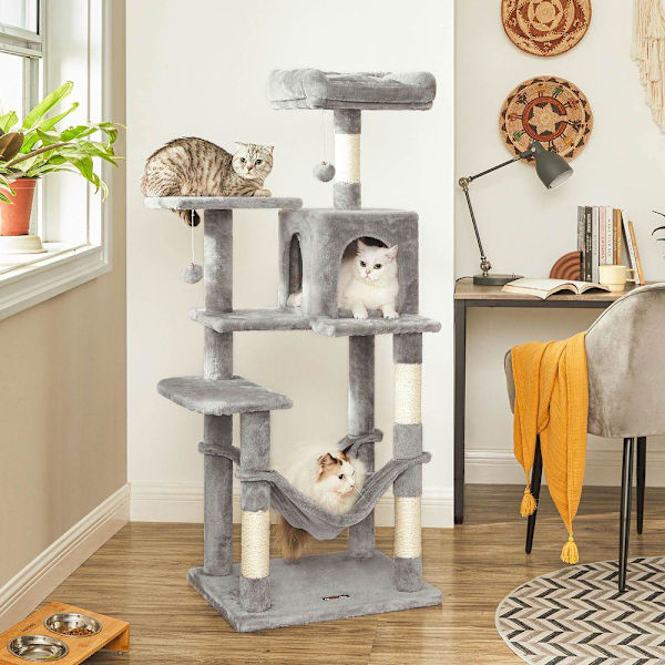 Rootz Cat Tree - Kattträd med hängmatta - Skrapstolpe - Kattskrapstolpe - Modernt kattträd - Högt kattträd - Kattträd med hängmatta - Grå