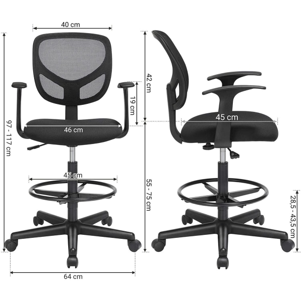 Rootz Toimistotuoli - Kääntötuoli - Työjakkara - Ergonominen - Käsinojat - Korkeussäädettävä - Jalkatuki - Musta - Muovi - Kangas - 64 x 64 x 97-117 c