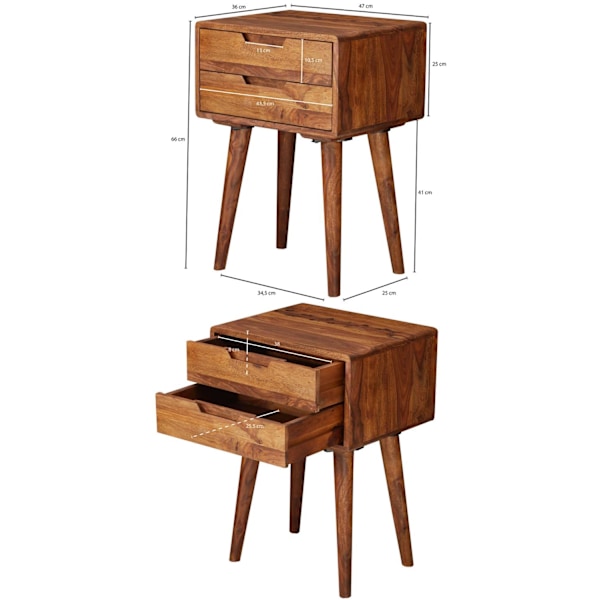 Rootz 47 x 66 x 36 cm Sheesham Bedside Boxspringbed - Yöpöytä 2 laatikkoa country style - Yöpöytäsänky massiivipuinen sänky - Yöpöytä Modern Nightbox