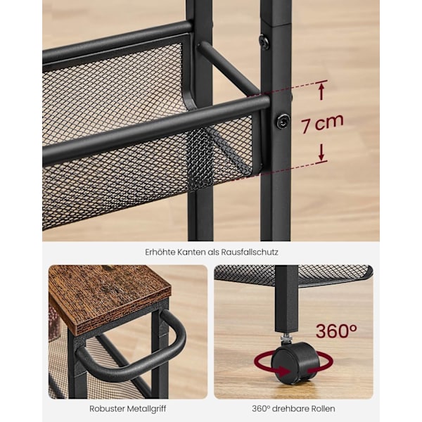 Rootz Vintage Brown-Black Trolley Cart - Rullvagn - Utility Cart - Spånskiva och stålkonstruktion - Lätt och bärbar - 13 cm x 45,4 cm x 99,6 cm - Max