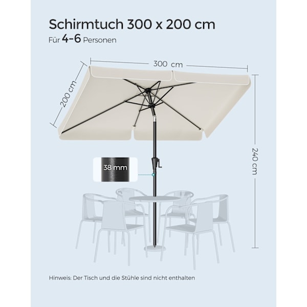 Rootz Beige stålramme Parasol - Parasol - Udendørs skygge - Polyesterstof - 300 cm x 200 cm - 240 cm Højde - 38 mm stang - 5,4 kg - Inkluderer instruk