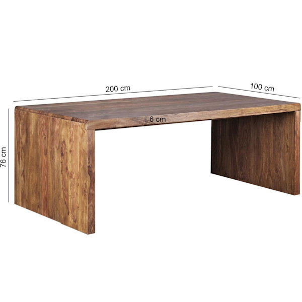Rootz skrivebord massivt træ Sheesham computerbord 200 cm bredt ægte træ design arkiveringskontorbord i landlig stil