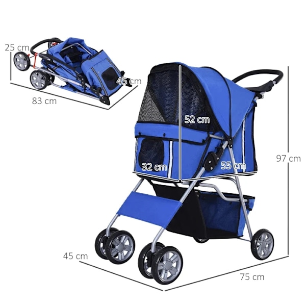 Rootz Dog Stroller - Pet Stroller - Dog Buggy - Dog Stroller For Travel - Foldable Pet Stroller - Dog Travel Buggy - Compact Pet Carriage - Blue - 75L