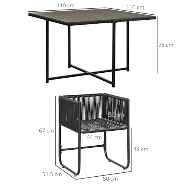 Rootz udendørs spisebordssæt - Havesæt - 5-delt polyrattan sædehynde - Vejrbestandig - Sort + Grå - 110cm x 110cm x 75cm