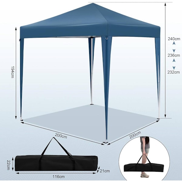 Rootz Garden Gazebo - Utomhuspaviljong - Grilltält - UV-skydd - 2x2m - 210D Oxford-tyg - Metallram - Justerbar höjd - 2,32/2,36/2,4m