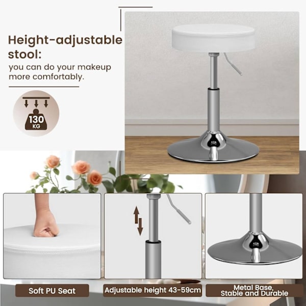 Rootz White Sminkbord med pall - Sminkbord - Skönhetsskrivbord - Justerbar LED-belysning - Gott om förvaring - Hållbar konstruktion - 108cm x 142cm x