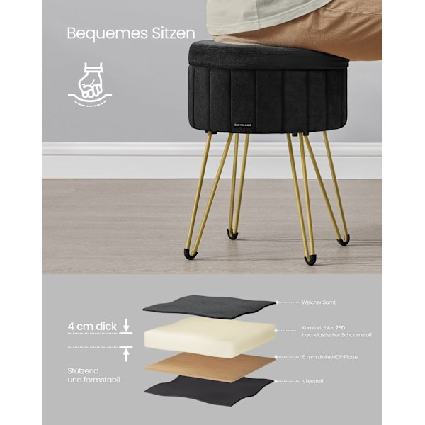 Rootz Velvet Pyöreä jakkara - Ottoman - Pehmustettu istuin - Mukava istuin - 39 cm D x 44,4 cm K - Muste musta - Erittäin kestävä vaahto