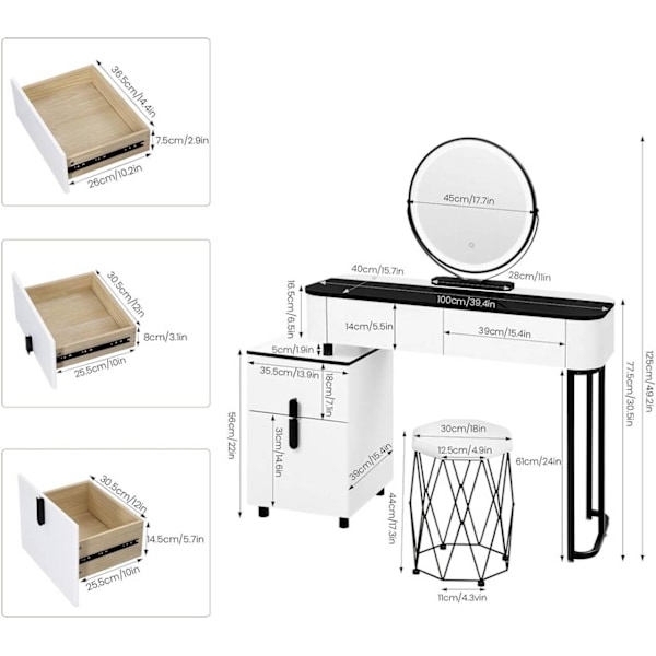 Rootz Deluxe Sminkbordsset - Sminkbord med pall - Sminkbord - Justerbar LED-spegel - Gott om förvaring - Mångsidig design - 100 cm x 125 cm x 40 cm