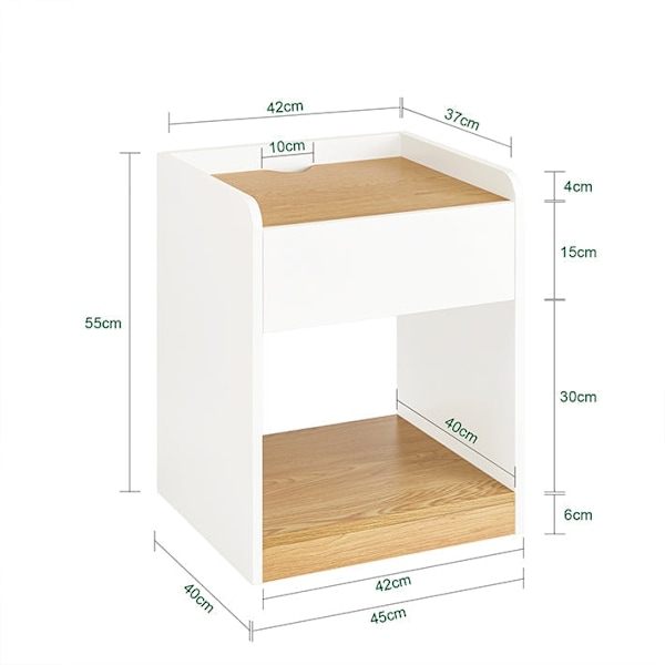 Rootz Bedside Table - Nightbord - Bedroom Organizer - Forbedrer privatlivets fred - 45x55x40cm - PB og MDF -materiale - Praktisk opladningsfunktion