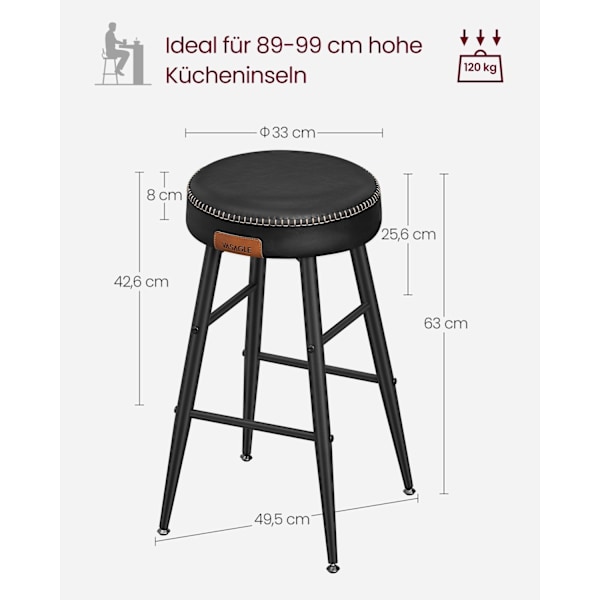 Rootz 2-delade Barstolar - Kökspallar - Counter Height Stolar - Stålstomme - Högelastiskt skum - PU syntetiskt läder - Plywood - Basic Black - 49,5 cm