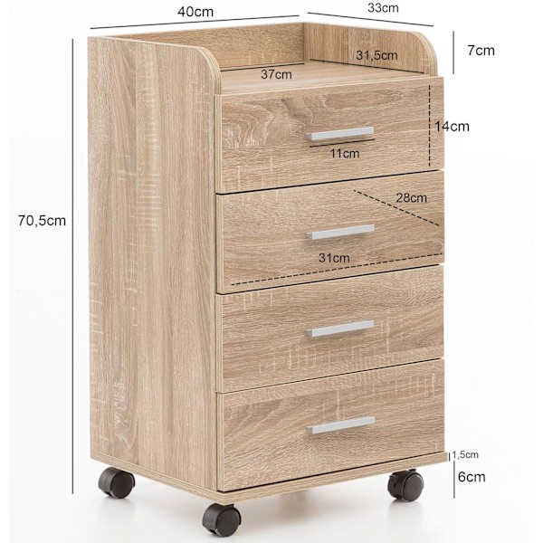 Rootz rullcontainer 40x70,5x33cm Sonoma - Skrivbordscontainer Rullskåp 4 lådor - Modern lådcontainer med hjul - Stativcontainer Kontorscontainer Sidoc
