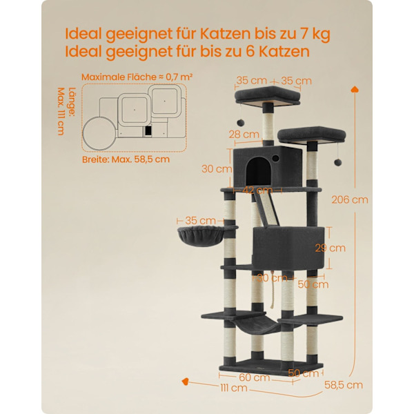 Rootz Large Cat Scratching Post - Kitty Furniture - Multi-Level Scratcher - Ink Black - 60cm x 50cm x 206cm