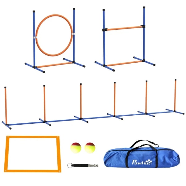 Rootz Dog Agility Sæt - 1 Slalom - Hundebane - 1 Bøjle - Tennisbold - L-formet Ground Spike - Oxford bæretaske - Plast - Orange-blå - 352cm x 66cm x 6