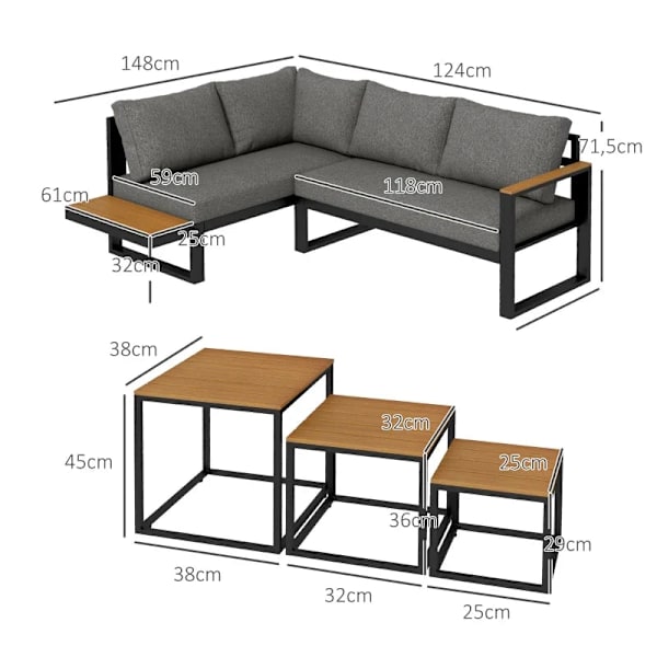 Rootz udendørs siddegruppe - 5-delt Loungemøbler - Havemøbelsæt - Sofabord - Siddehynder - Grå + Natur - 148 cm x 61 cm x 71,5 cm