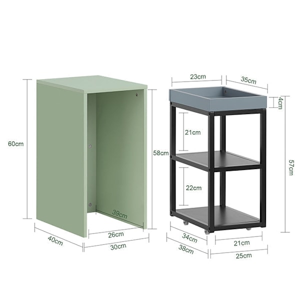 Rootz 2 -i -1 sidobord och serveringsvagn - End Table - Mobile Tray - Högkvalitativ MDF & METAL - 25x38x58cm & 30x60x40cm