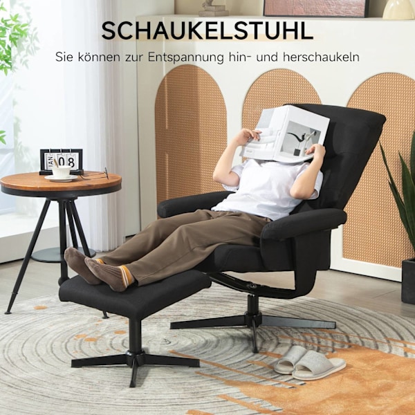 Rootz Reclining Chair with Pall Set - Swivel Seat - Rocker Function - Velvet Look, 135 ° Justera - 74W x 81d x 102h cm, svart