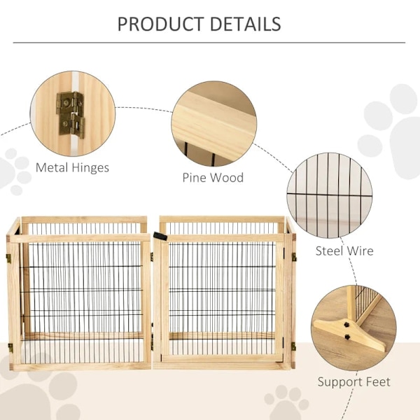 Rootz Pet Gate för hundar - Furu - Fristående hundsäkerhetsbarriär - Två stödfötter - Vikbar - Naturlig - 432 x 36 x 70 cm